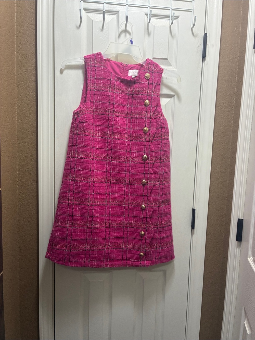 entro Fuchsia Tweed Sleeveless Mini Dress with Gold Buttons